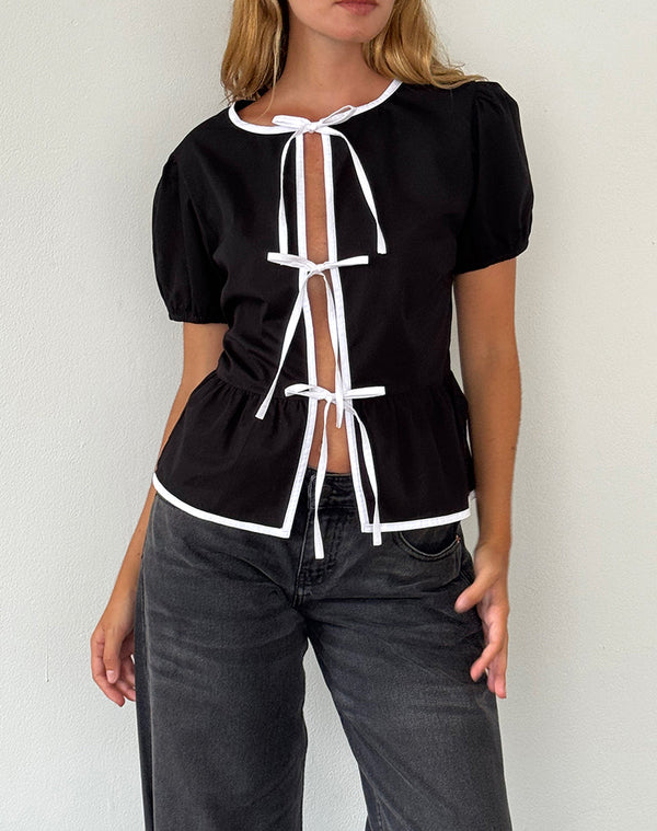 Motel Rocks Ryota Tie Front Blouse In Black With White Binding