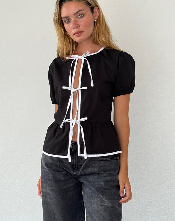 motel rocks Ryota Tie Front Blouse in Black with White Binding