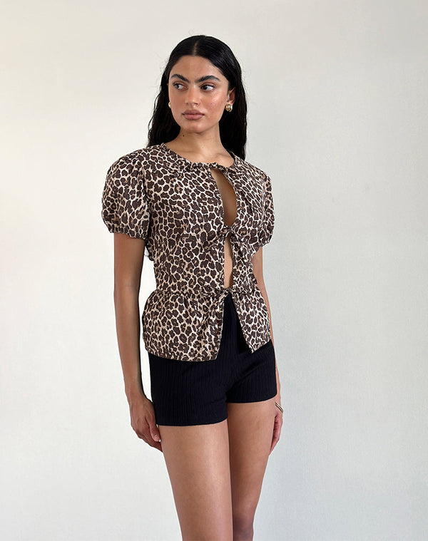 Motel Rocks Ryota Tie Front Blouse In Leopard Sandstorm
