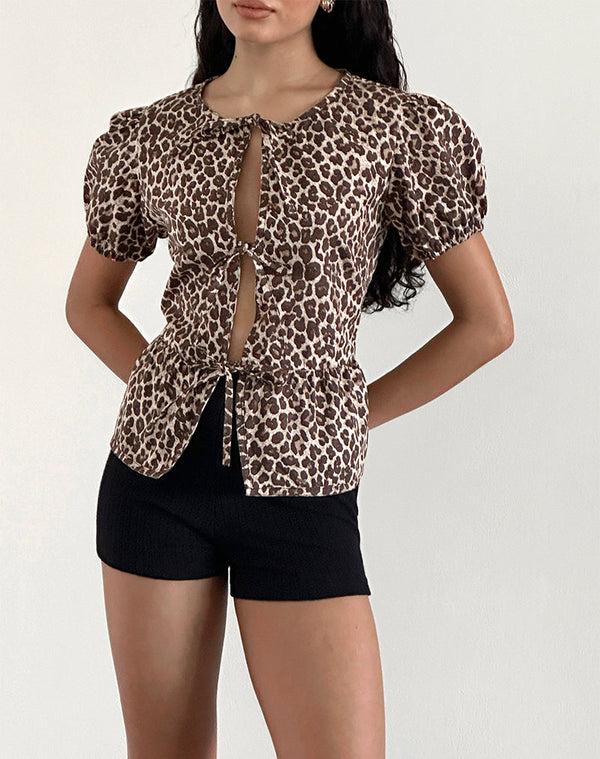 motel rocks Ryota Tie Front Blouse in Leopard Sandstorm