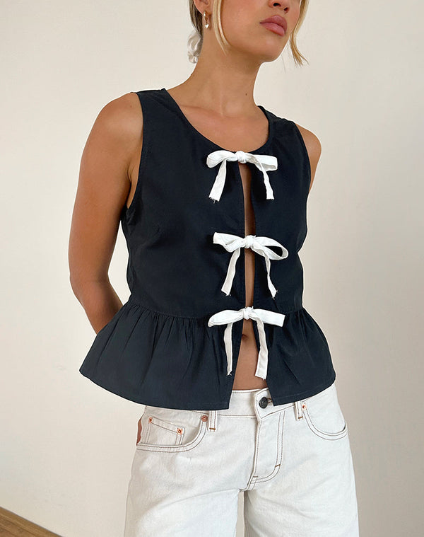 motel rocks Ryoti Top in Tap Shoe Black with Off White Bows