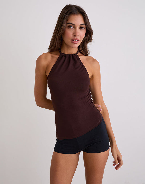 motel rocks Sadra Halter Top in Rayon Jersey Bitter Chocolate