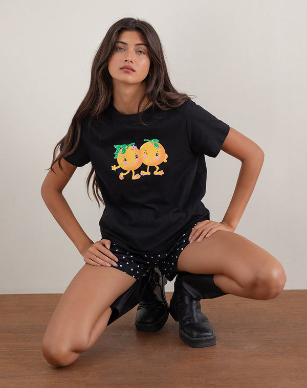 motel rocks Saki Tee in Black with Printed Squeeze Me Orange