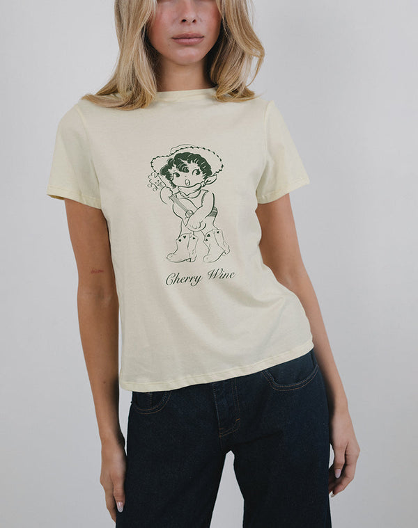 motel rocks Saki Tee in Buttermilk with Cherry Wine Print