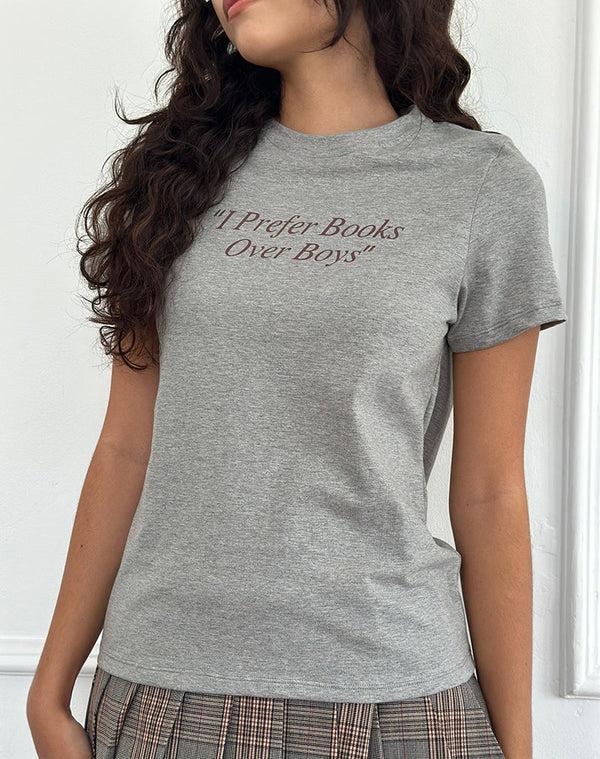 Motel Rocks Saki Tee In Grey Marl With I Prefer Books Over Boys Slogan