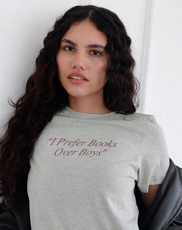 motel rocks Saki Tee in Grey Marl with I Prefer Books Over Boys Slogan