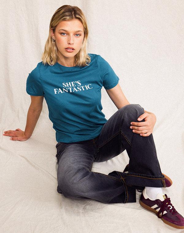 Motel Rocks Saki Tee In Mediterranean Blue With She's Fantastic Slogan