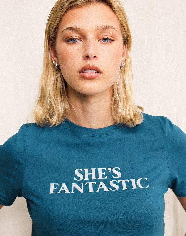 motel rocks Saki Tee in Mediterranean Blue with She's Fantastic Slogan