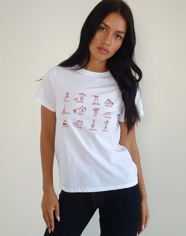 Motel Rocks Saki Tee In White With Red Star Signs Print