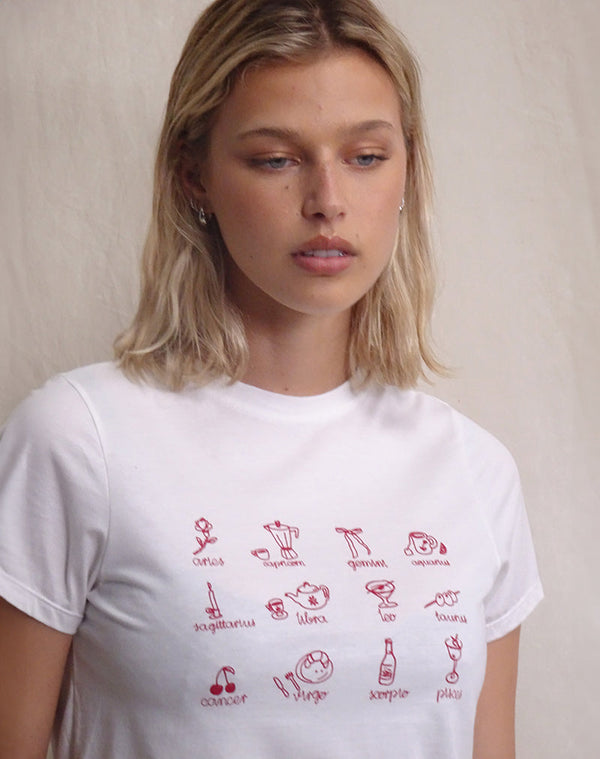 motel rocks Saki Tee in White with Red Star Signs Print