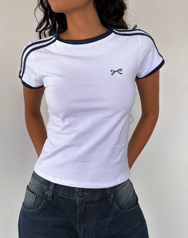 motel rocks Salda Sporty Tee in White with Navy Binding