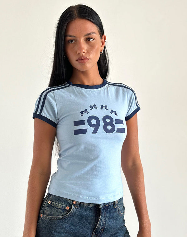 motel rocks Salda Tee in Nantucket Blue with Navy Binding and '98' Emb