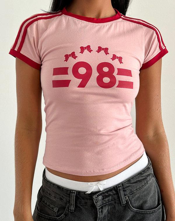Motel Rocks Salda Tee In Pink Lady With Adrenaline Red Binding And '98' Emb