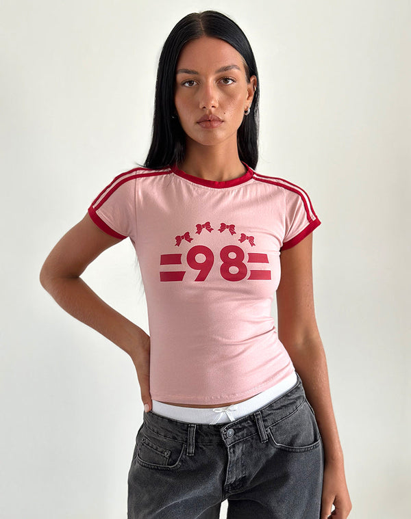 motel rocks Salda Tee in Pink Lady with Adrenaline Red Binding and '98' Emb