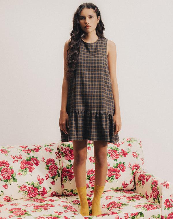 motel rocks Samana Babydoll Mini Dress in Check Dark Brown