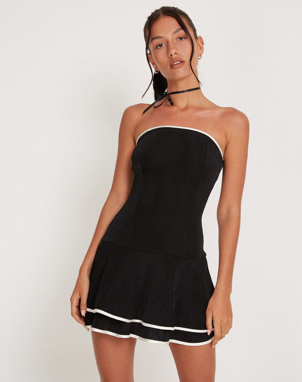 Motel Rocks Samira Bandeau Mini Dress In Black With Ivory Binding