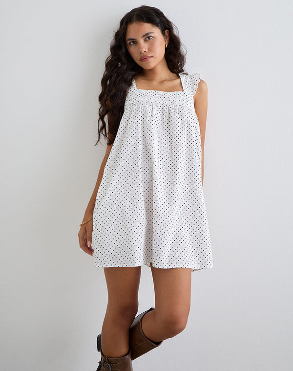 motel rocks Sanaly Mini Dress in White with Black Micro Polka