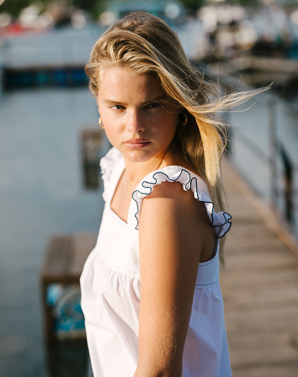 Motel Rocks Sanaly Mini Dress In White With Navy Babylock