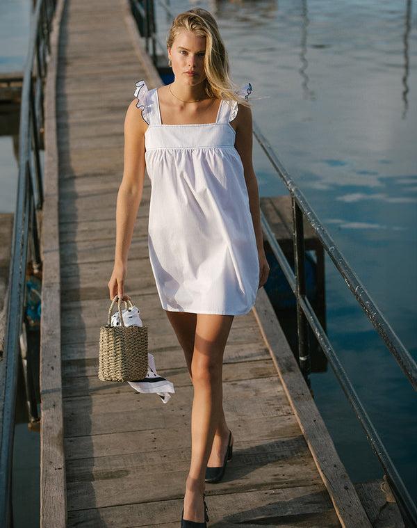 motel rocks Sanaly Mini Dress in White with Navy Babylock
