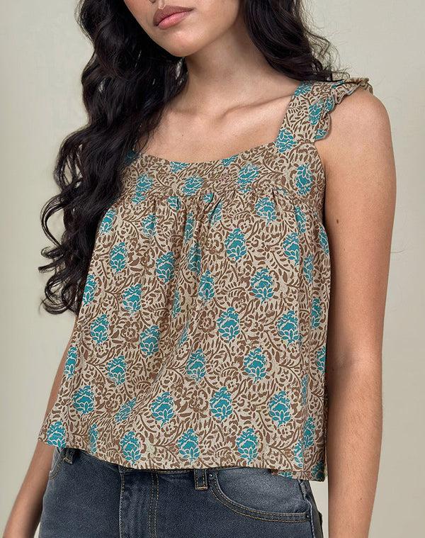 Motel Rocks Sanula Top In Blue And Brown Floral Bohemian Batik