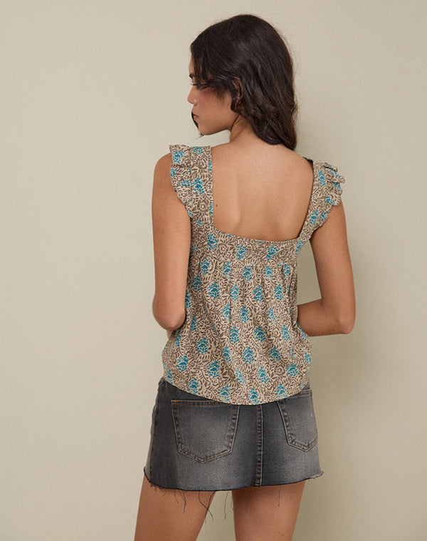 Motel Rocks Sanula Top In Blue And Brown Floral Bohemian Batik