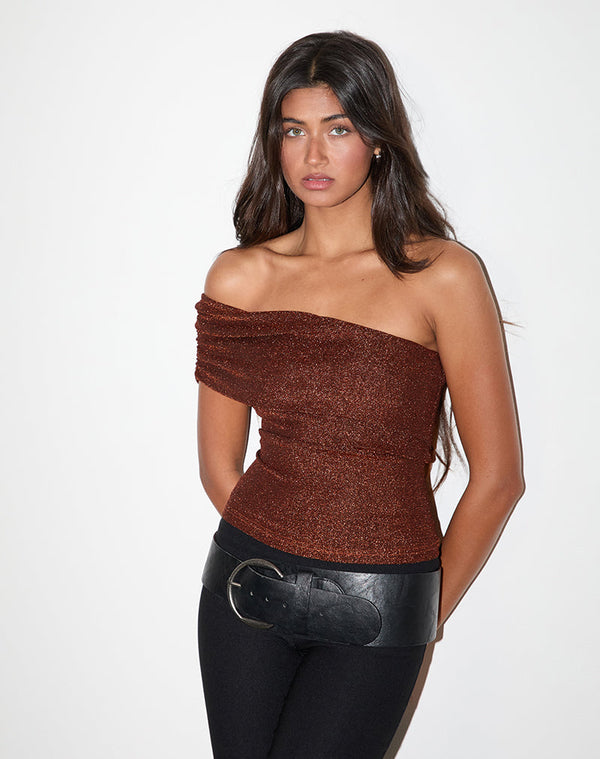 motel rocks Sarla One Shoulder Top in Jersey Glitter Copper