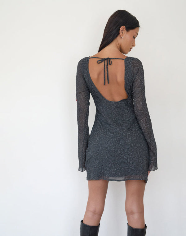 Motel Rocks Sava Open Back Long Sleeve Mini Dress In Black Floral Chiffon