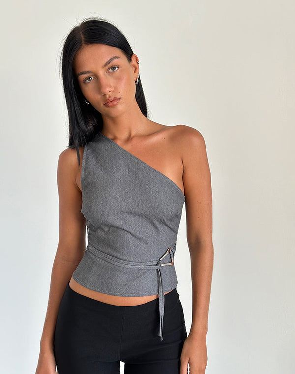 motel rocks Sayaka One Shoulder Top in Tailoring Charcoal