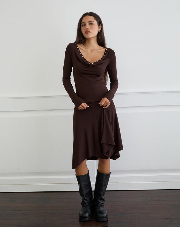 Motel Rocks Scanio Long Sleeve Cowl Top With Studs In Bitter Chocolate