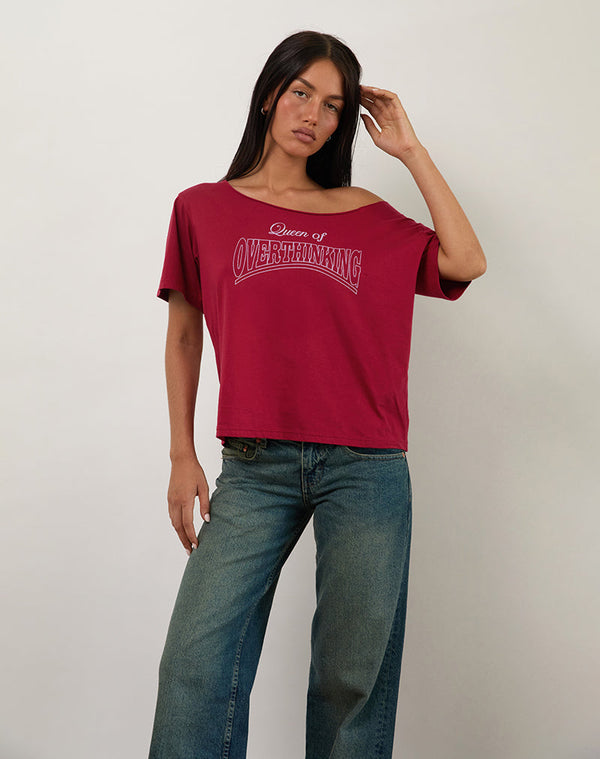 motel rocks Scottie Slouchy Tee in Adrenaline Red with Overthinking Graphic