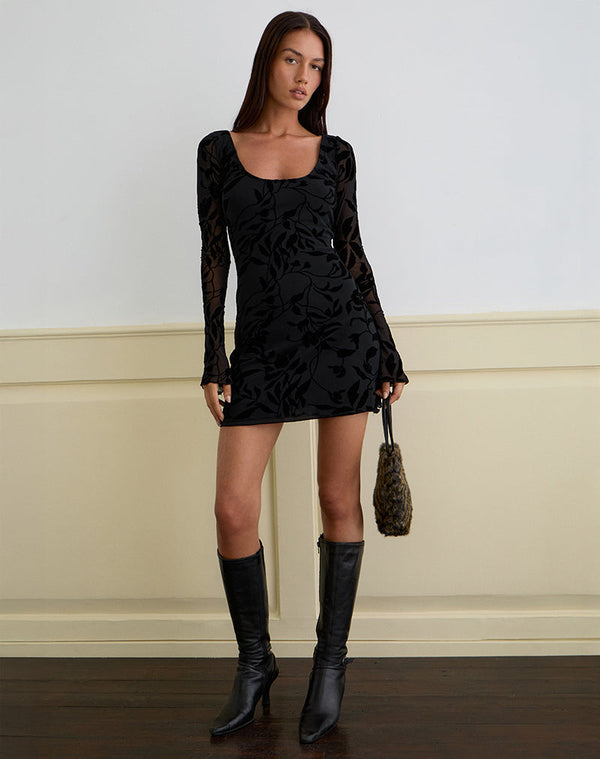 Motel Rocks Selca Mini Dress In Flock Leaf Flower Black