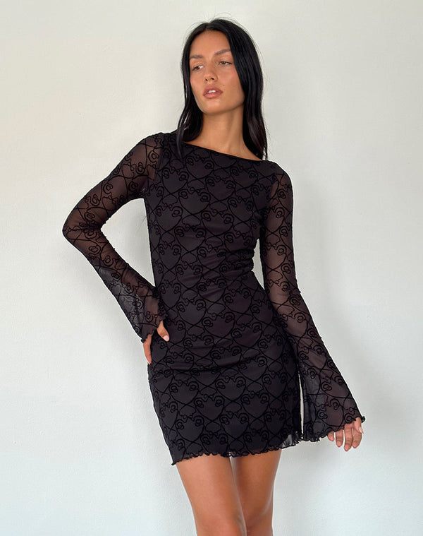motel rocks Sevila Long Sleeve Mini Dress in Black Queen of Heart Flock