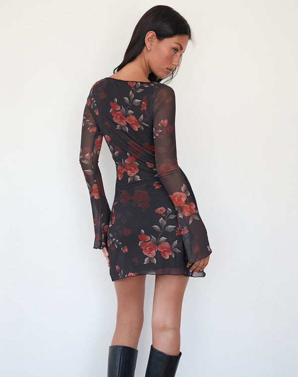 Motel Rocks Sevila Long Sleeve Mini Dress In Black Watercolour Rose