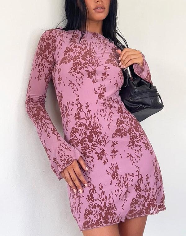 motel rocks Sevila Long Sleeve Mini Dress in Botanic Mauve