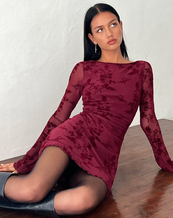 motel rocks Sevila Long Sleeve Mini Dress in Flocked Botanical Flower Maroon