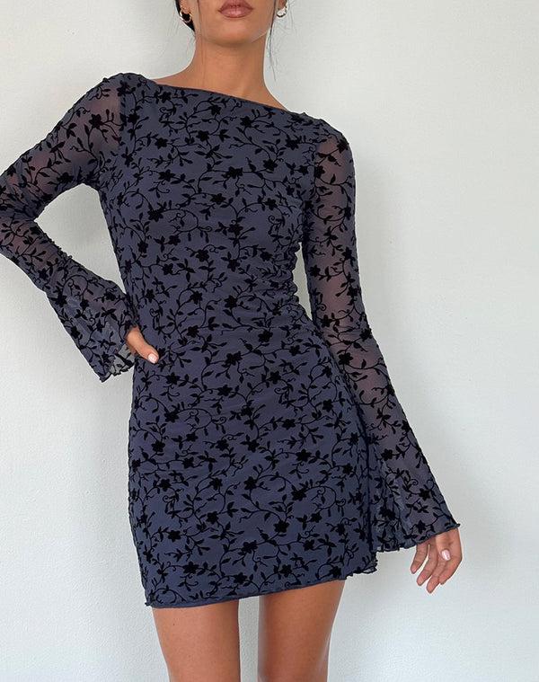 Motel Rocks Sevila Long Sleeve Mini Dress In Flocked Petal Navy