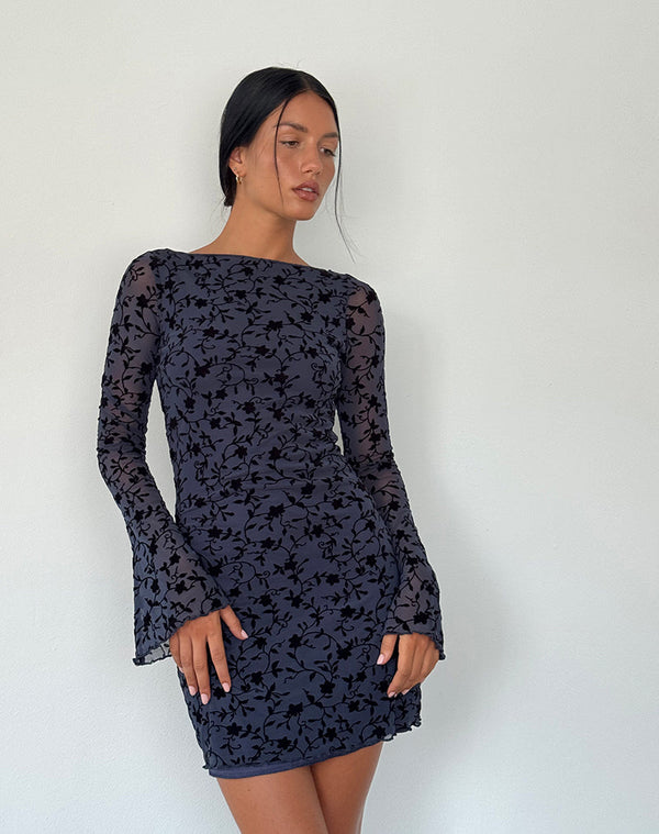 motel rocks Sevila Long Sleeve Mini Dress in Flocked Petal Navy