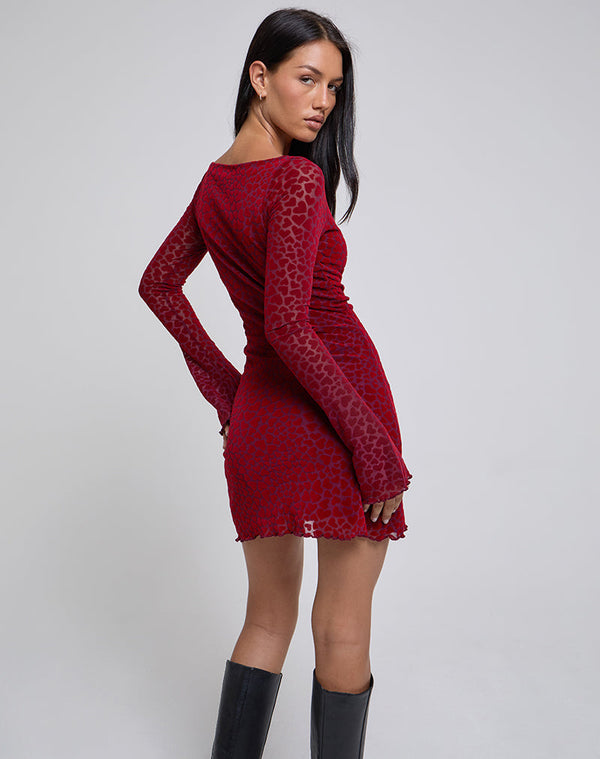 Motel Rocks Sevila Long Sleeve Mini Dress In Heart Flock Maroon