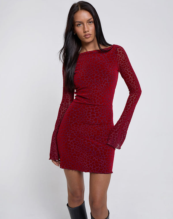 motel rocks Sevila Long Sleeve Mini Dress in Heart Flock Maroon