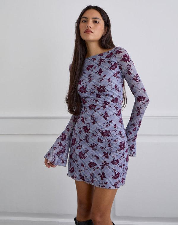 Motel Rocks Sevila Long Sleeve Mini Dress In Lotus Flock Checked Lavender