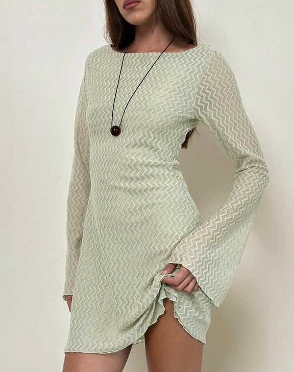 Motel Rocks Sevila Long Sleeve Mini Dress In Mesh Sage Mini ZigZag