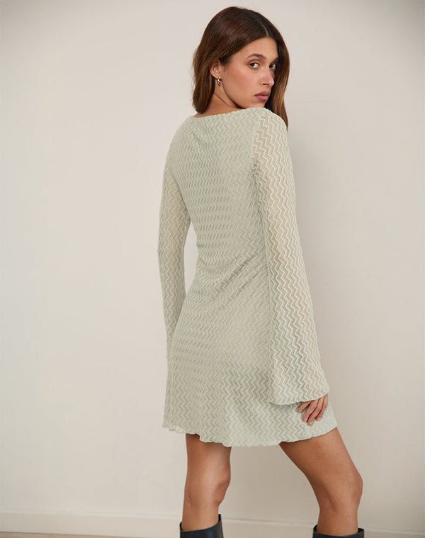 Motel Rocks Sevila Long Sleeve Mini Dress In Mesh Sage Mini ZigZag
