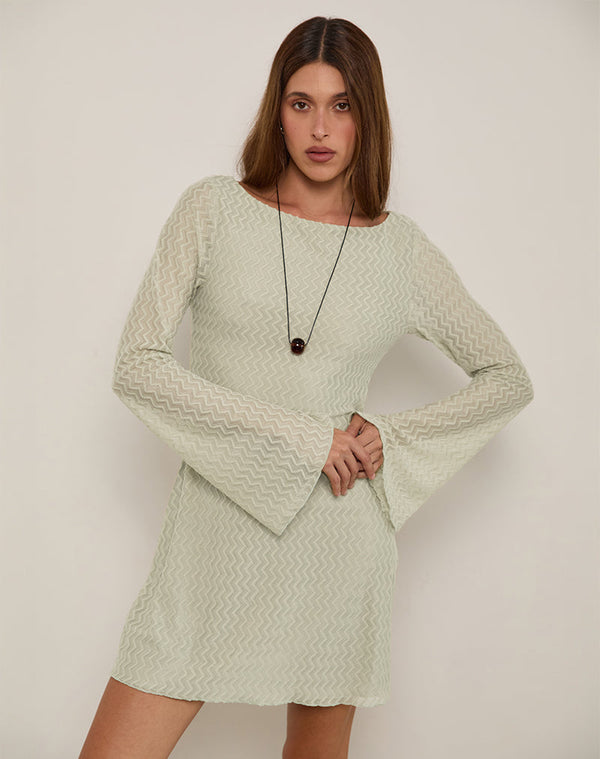 motel rocks Sevila Long Sleeve Mini Dress in Mesh Sage Mini ZigZag