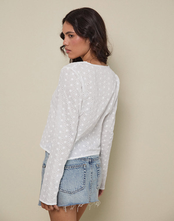 Motel Rocks Sewindu Tie Front Long Sleeve Top In Broderie Ivory
