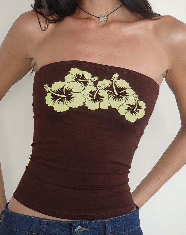 Motel Rocks Shaelo Bandeau Top In Bitter Chocolate Yellow Hibiscus