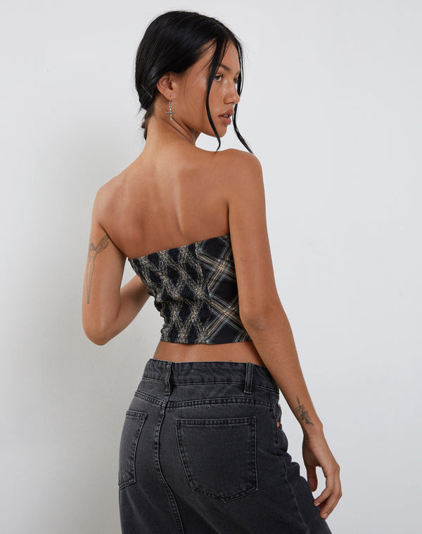 Motel Rocks Shaloe Bandeau Top And Scarf Set In Black And Grey Check