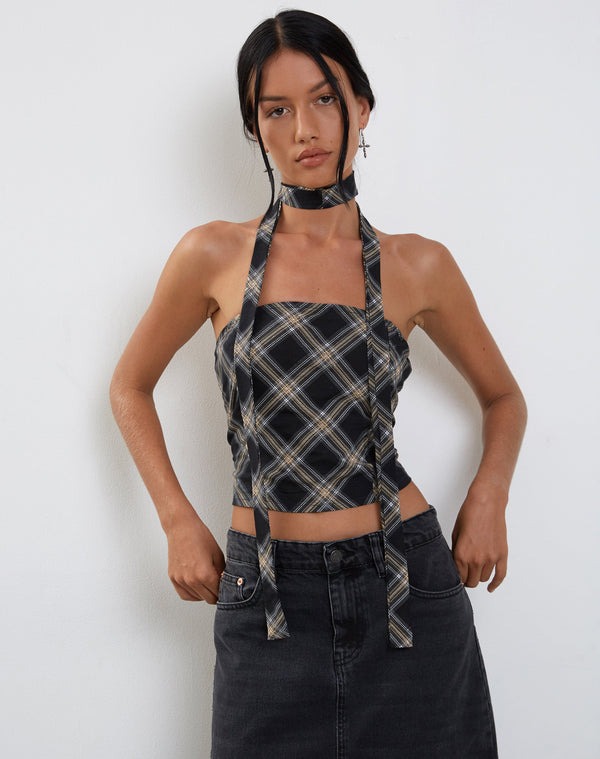 motel rocks Shaloe Bandeau Top and Scarf Set in Black and Grey Check