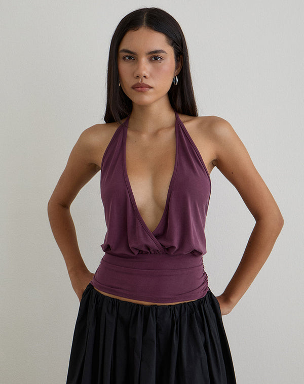 Motel Rocks Sherlyn Halter Top In Cupro Deep Purple