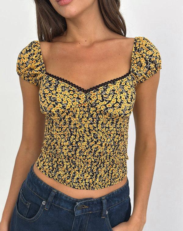 Motel Rocks Shizu Cap Sleeve Top In Mini Bloom Yellow