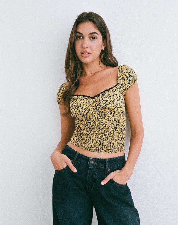 motel rocks Shizu Cap Sleeve Top in Mini Bloom Yellow